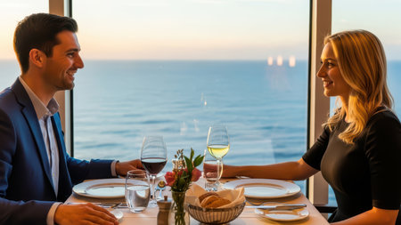 Young caucasian couple enjoying romantic dinner by ocean at sunset.の素材
