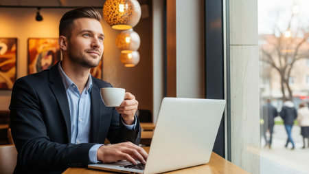 Young caucasian male professional enjoying coffee and laptop in cafe.の素材