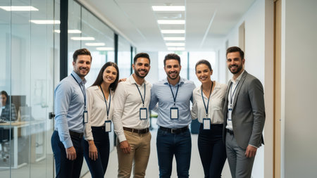 Diverse team of young professionals smiling in modern office hallway.の素材