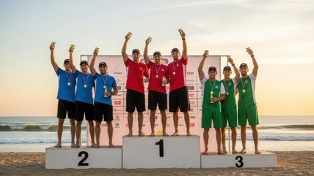 Beach volleyball team award ceremony at sunset with happy winners.の素材