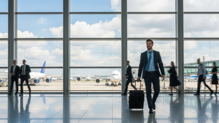 Caucasian male adult in suit walking through airport terminal with carry-on luggage.の素材