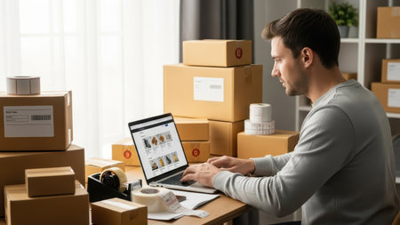 Young caucasian male managing online order fulfillment surrounded by packaging boxes.の素材