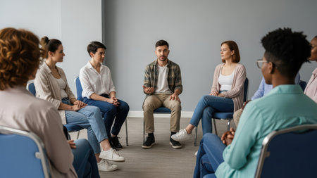 Diverse group of adults engaged in supportive group therapy session.の素材