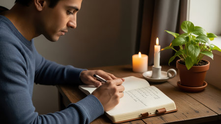 Young hispanic male writing in journal by candlelight at cozy wooden desk.の素材