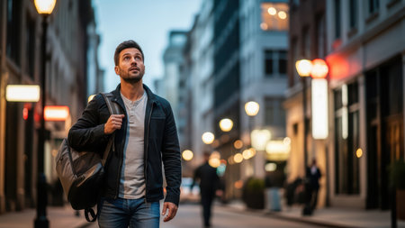 Young caucasian male walking in urban setting at dusk with backpack.の素材