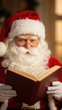 Santa claus reading a book in cozy holiday setting.の素材