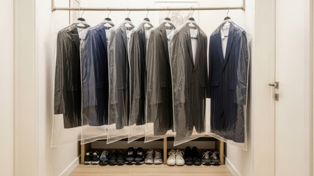 Neatly organized closet with suits in garment bags above rows of shoes.の素材