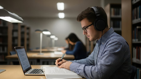 Young caucasian male studying with laptop and headphones in library.の素材