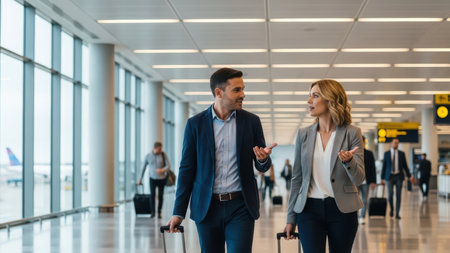 Caucasian business professionals conversing in airport terminal.の素材