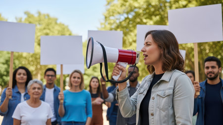 Female activist with megaphone leads youthful multiracial protest.の素材