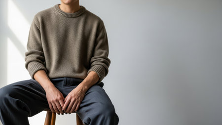 Casual style of young asian male in knit sweater sitting on stool.の素材