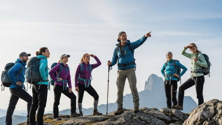 Group of diverse adults hiking in mountainous terrain under clear sky.の素材