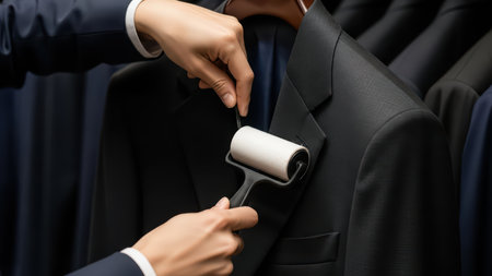 Close-up of lint roller cleaning black suit jacket in closet.の素材