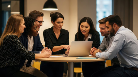 Diverse team collaboration: caucasian, asian adults in creative office meeting around laptop.の素材