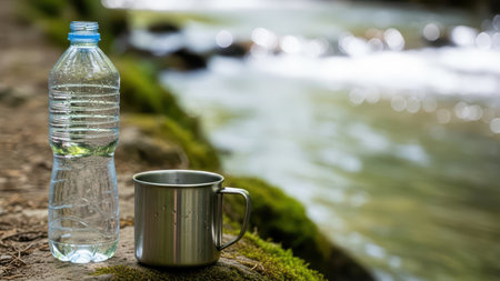 Refreshing river scene with bottle and mug by mossy stream.の素材
