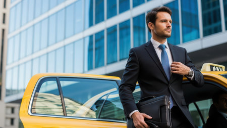 Confident young caucasian businessman exiting taxi in urban setting.の素材