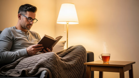Young caucasian male relaxing with book and tea in cozy living room.の素材