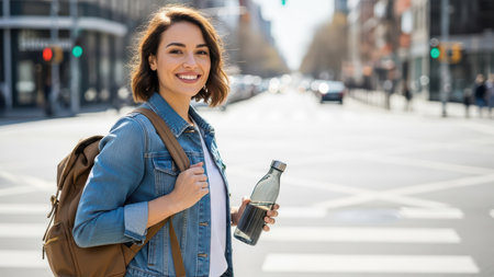 Young hispanic woman with backpack smiling at urban crosswalk.の素材