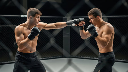 Two young caucasian males sparring in mma cage fight with gloves in arena.の素材