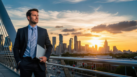 Confident young caucasian male professional on modern bridge with urban skyline at sunset.の素材