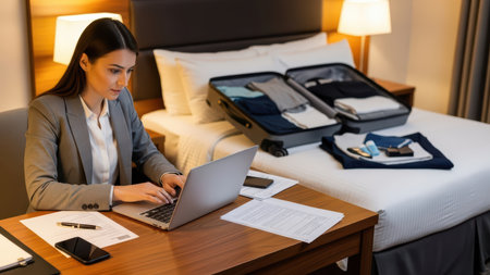 Female business traveler working in hotel room with laptop and packed suitcase.の素材