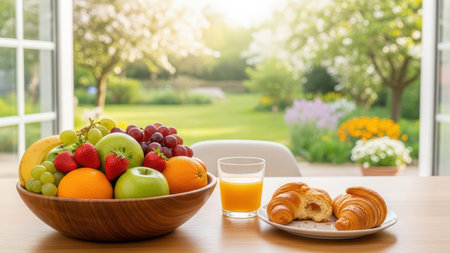 Fresh fruit bowl and croissants on sunny garden table.の素材