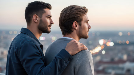 Caucasian males enjoying cityscape view at sunset.の素材