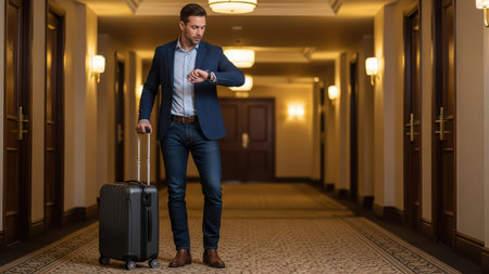 Young caucasian male business traveler in hotel hallway checking time.の素材