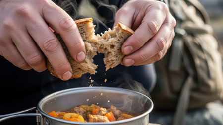 Hands breaking bread over steaming outdoor meal in camping setting.の素材