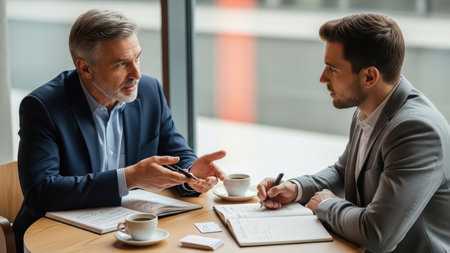 Two caucasian male adults in business meeting with notebooks and coffee.の素材