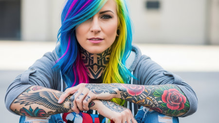 Colorful hair and tattoos: vibrant style and expressive body art of young female.の素材