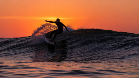 Silhouette of surfer riding wave at sunset.の素材