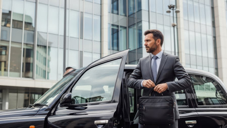 Young caucasian male businessman exiting black car in urban setting.の素材