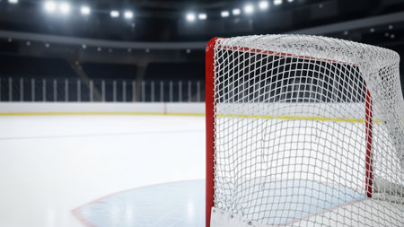 Empty ice hockey rink with goal and bright arena lights.の素材