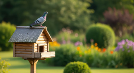Pigeon on wooden birdhouse in vibrant garden setting with greenery and flowersの素材