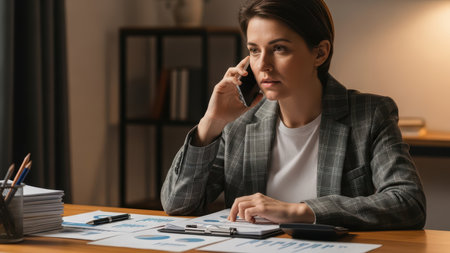 Businesswoman in office analyzing financial reports on phone call.の素材