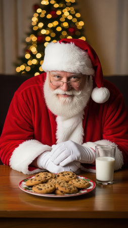 Santa claus enjoying milk and cookies in festive christmas setting.の素材