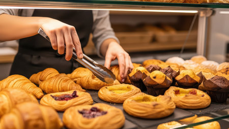 Fresh pastries selection displayed by adult female baker in bakery shop.の素材