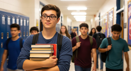 Young caucasian male student holding books in busy school hallwayの素材