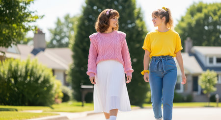 Two young caucasian women enjoying a sunny walk in a suburban neighborhoodの素材