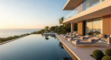 Luxury modern villa with infinity pool overlooking ocean at sunsetの素材