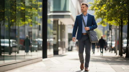 Caucasian young adult male in business attire walking confidently on urban street.の素材