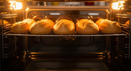 Golden brown buns baking in oven with warm lightingの素材