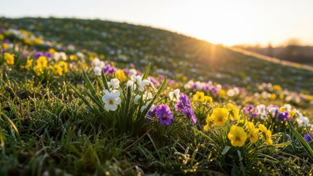 Vibrant spring meadow: sunrise over colorful wildflowers in bloom.の素材