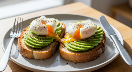 Fresh avocado and poached egg on sourdough toast with seasoningの素材