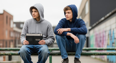 Teen caucasian males with cassette player in urban settingの素材