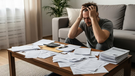 Stressed caucasian male adult managing bills and finances at home.の素材