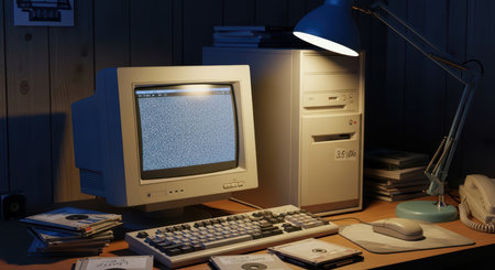 Retro desktop computer setup with crt monitor and floppy disks on wooden deskの素材