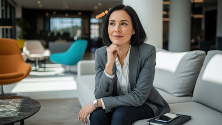 Young caucasian female professional relaxing in modern office lounge.の素材