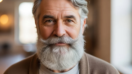 Elderly caucasian male with gray beard and warm sweater in cozy indoor settingの素材